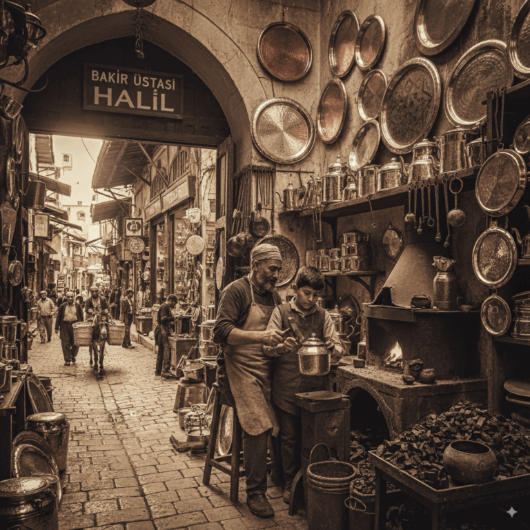 Ayağını yorganına göre uzat hikayesini anlatan bakırcı ustası ve çırağı